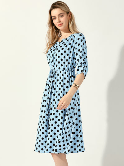 Polka Dots Print Ruched Sleeve Button Drawstring Waist Midi Dress