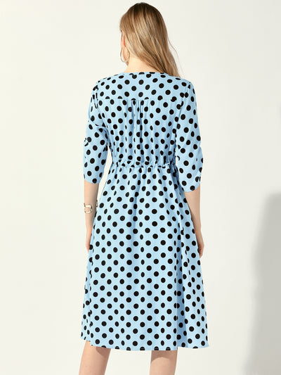 Polka Dots Print Ruched Sleeve Button Drawstring Waist Midi Dress