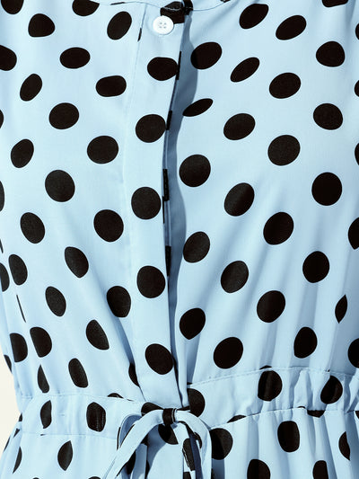 Polka Dots Print Ruched Sleeve Button Drawstring Waist Midi Dress