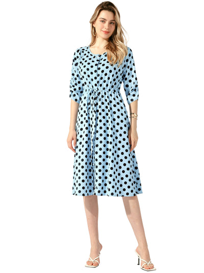 Polka Dots Print Ruched Sleeve Button Drawstring Waist Midi Dress