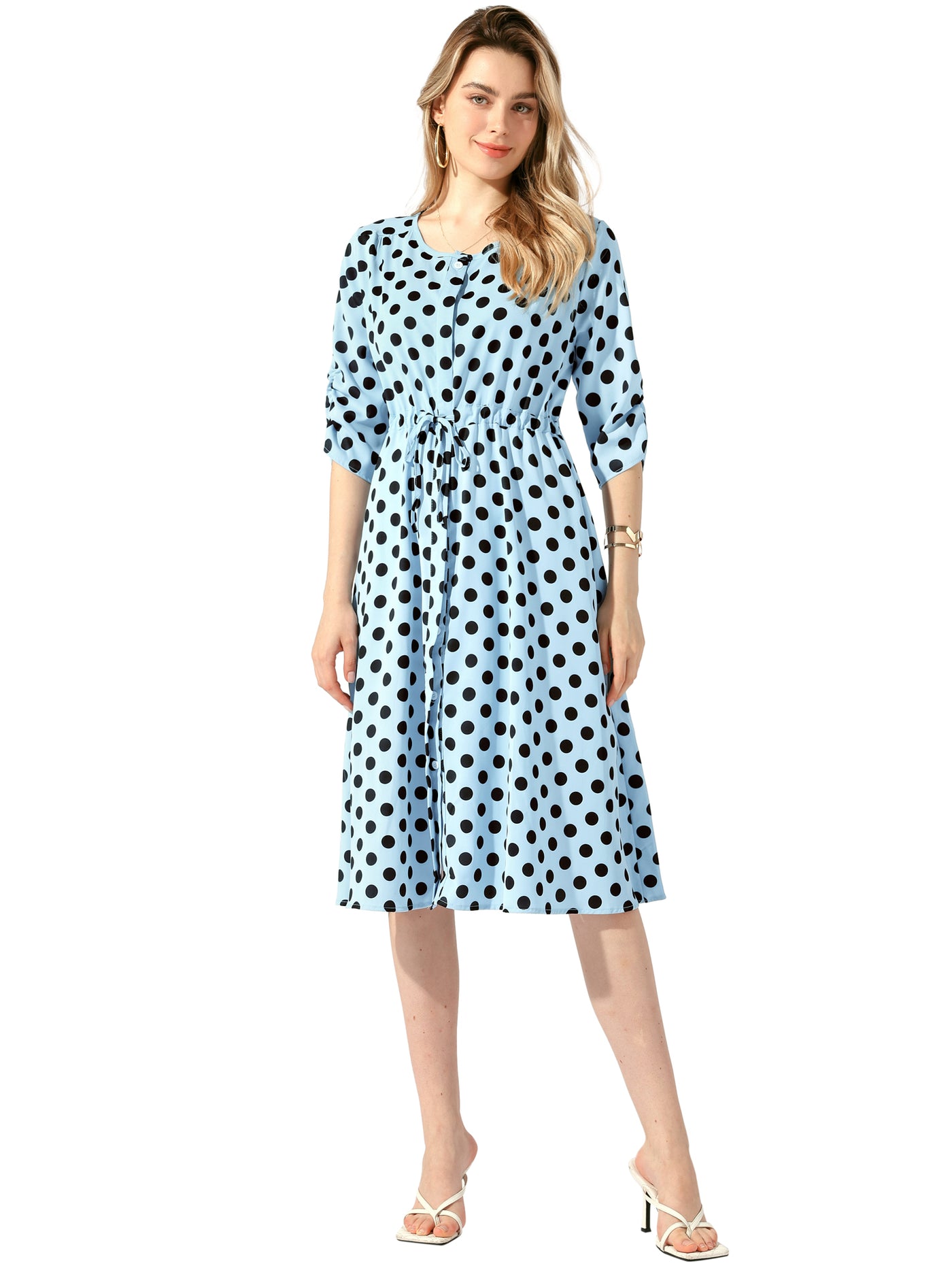 Allegra K Polka Dots Print Ruched Sleeve Button Drawstring Waist Midi Dress