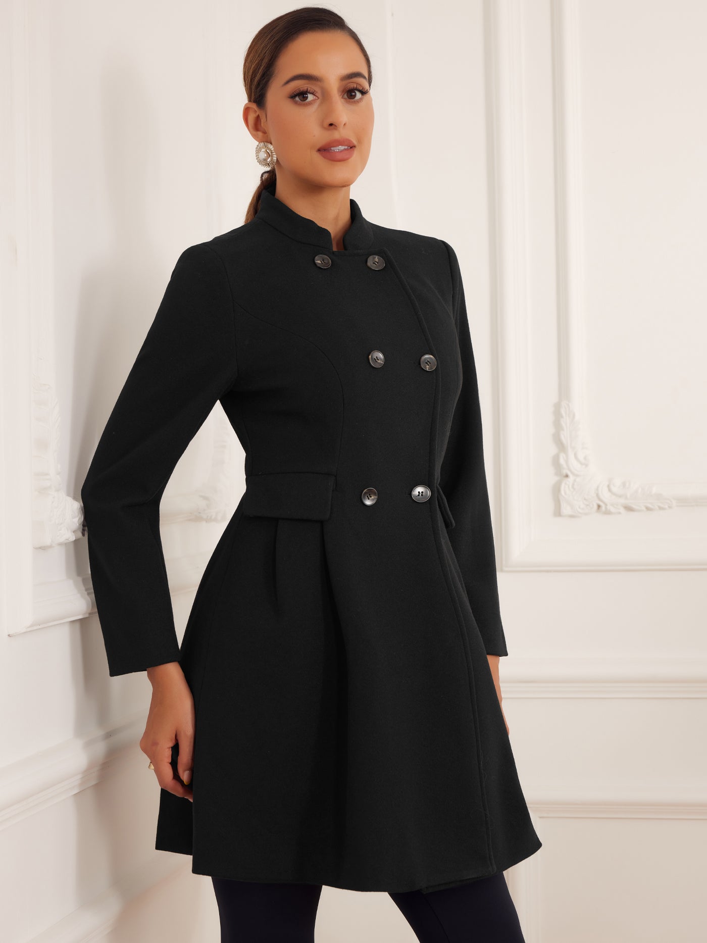 Allegra K Stand Collar Double Breasted Pocket Long Sleeve A-Line Winter Coats