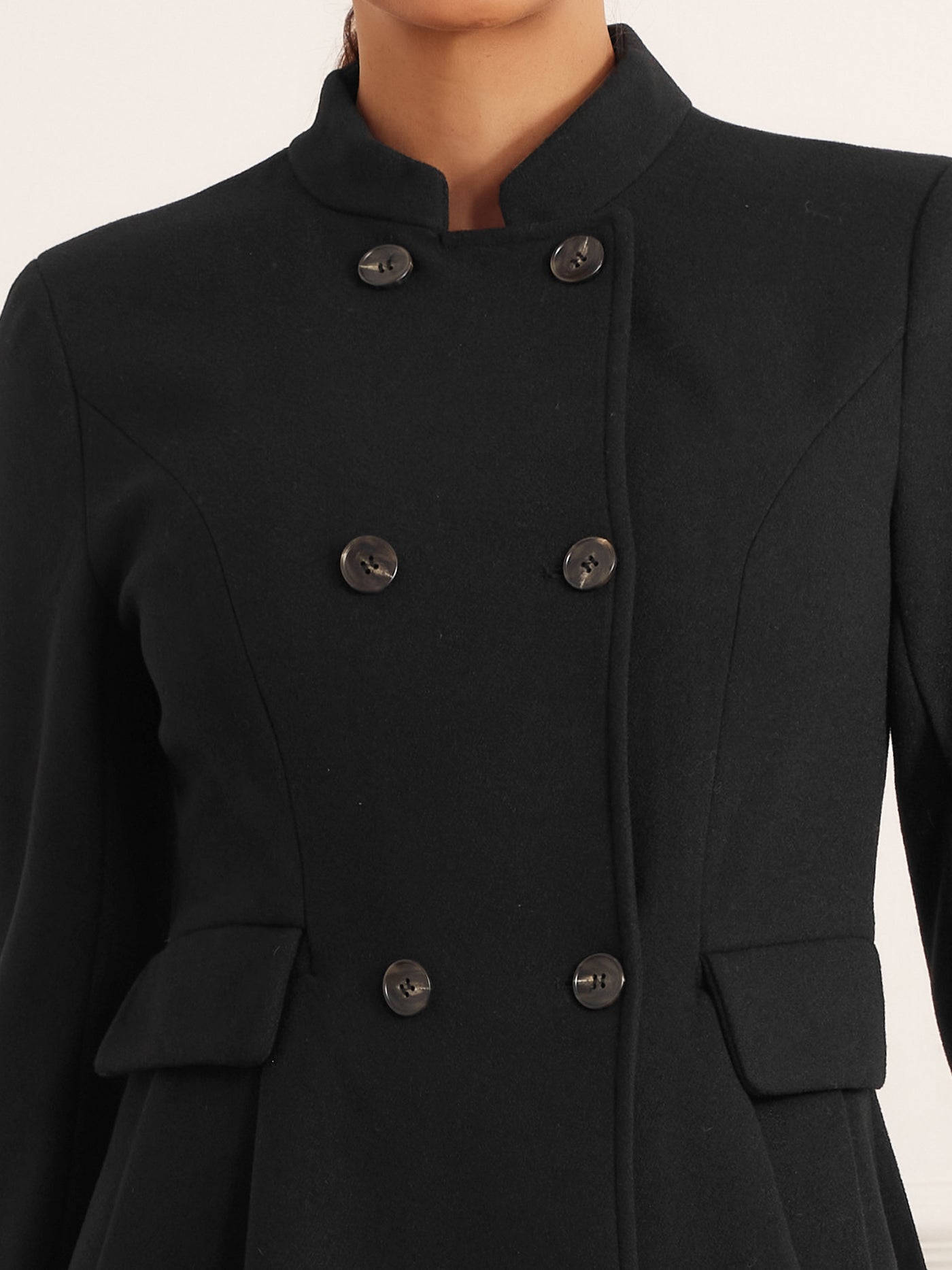 Allegra K Stand Collar Double Breasted Pocket Long Sleeve A-Line Winter Coats