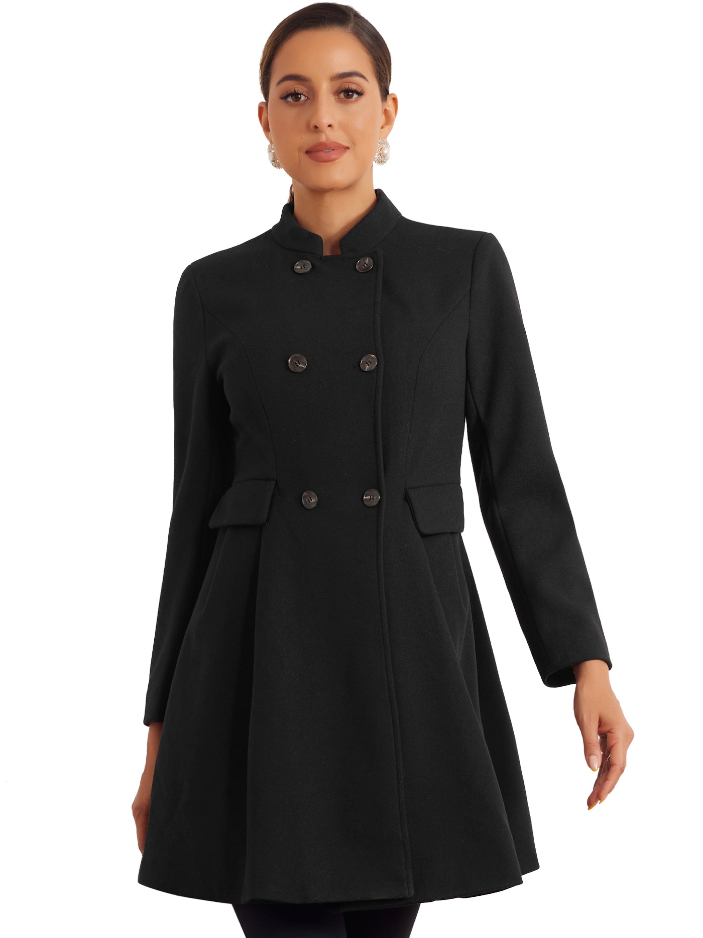 Allegra K Stand Collar Double Breasted Pocket Long Sleeve A-Line Winter Coats