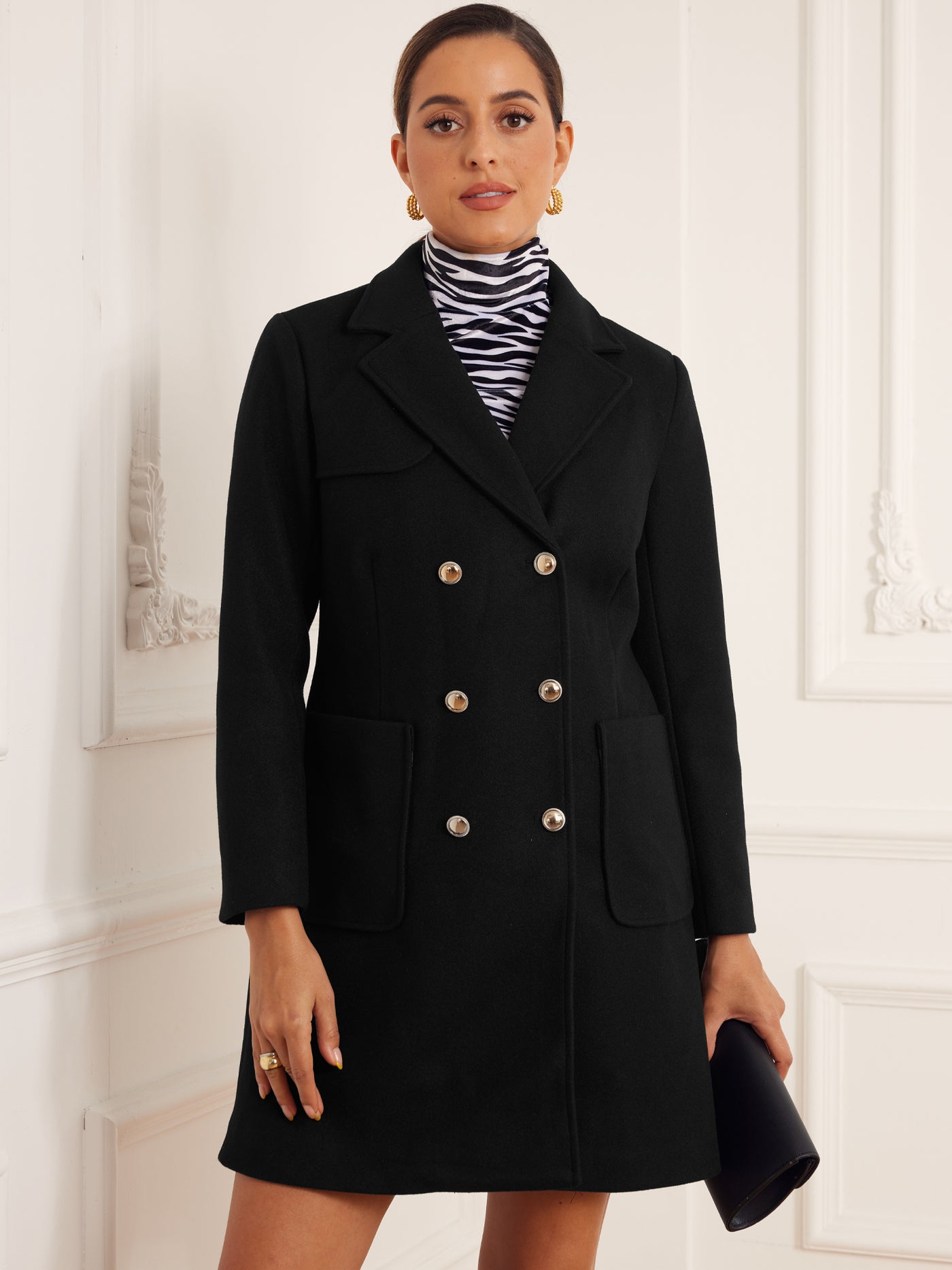 Allegra K Notched Lapel Pockets Double Breasted Long Sleeve Pea Coat