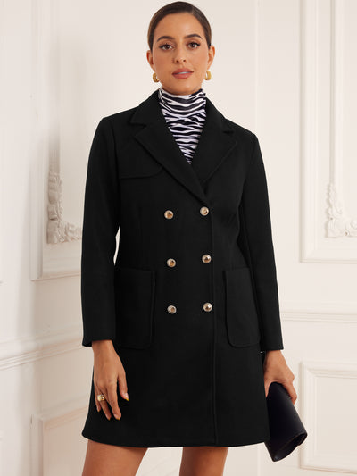 Allegra K Notched Lapel Pockets Double Breasted Long Sleeve Pea Coat