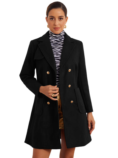 Notched Lapel Pockets Double Breasted Long Sleeve Pea Coat