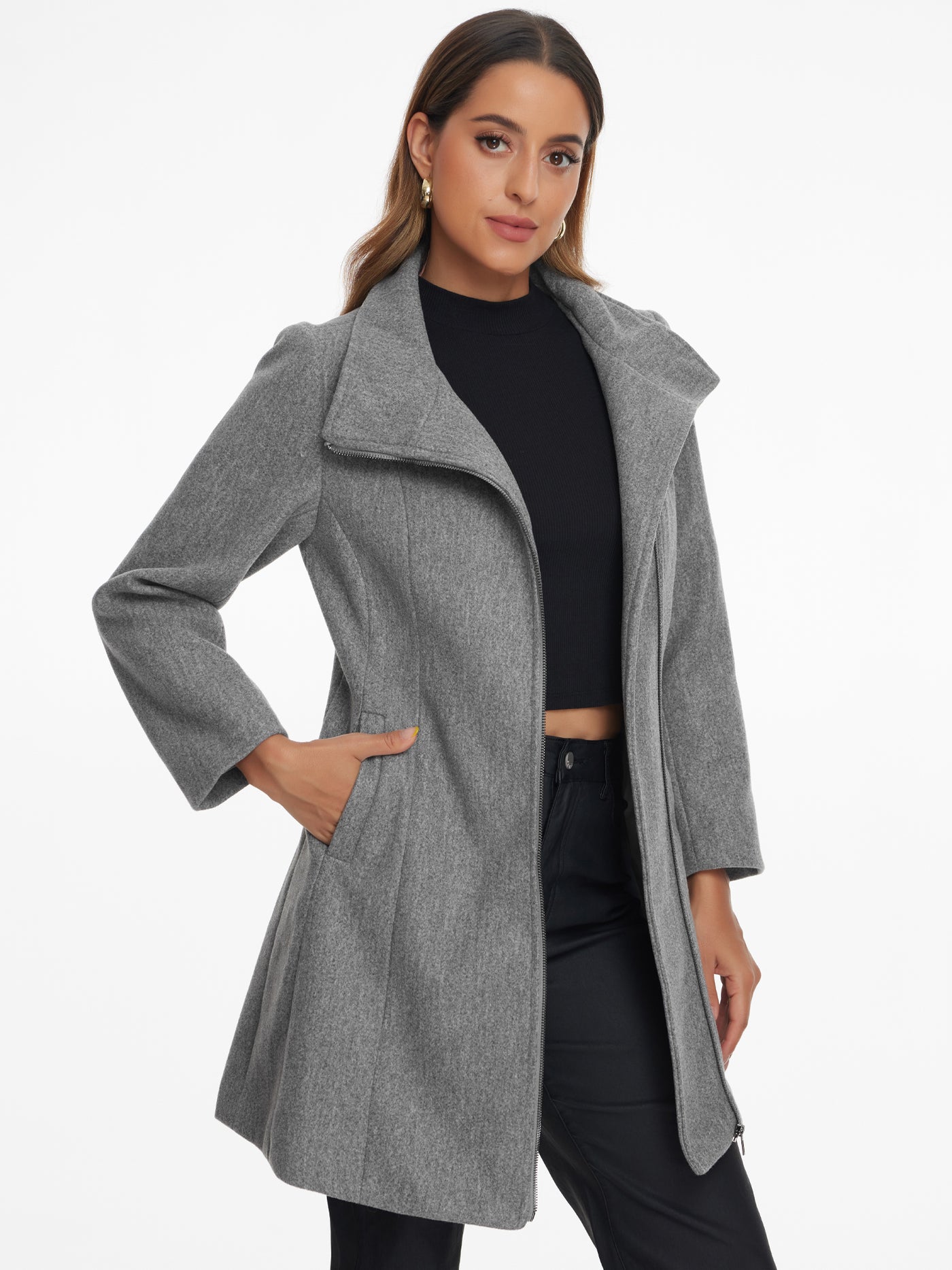 Allegra K Pockets Stand Collar Mid-Length Zip Up Winter Pea Coat