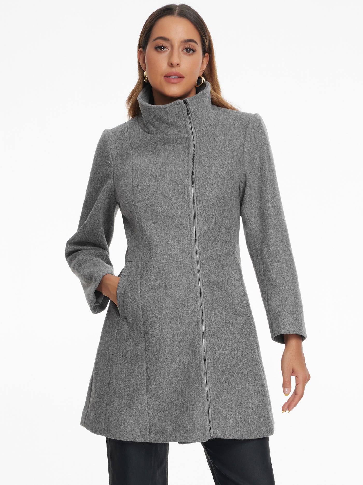 Allegra K Pockets Stand Collar Mid-Length Zip Up Winter Pea Coat