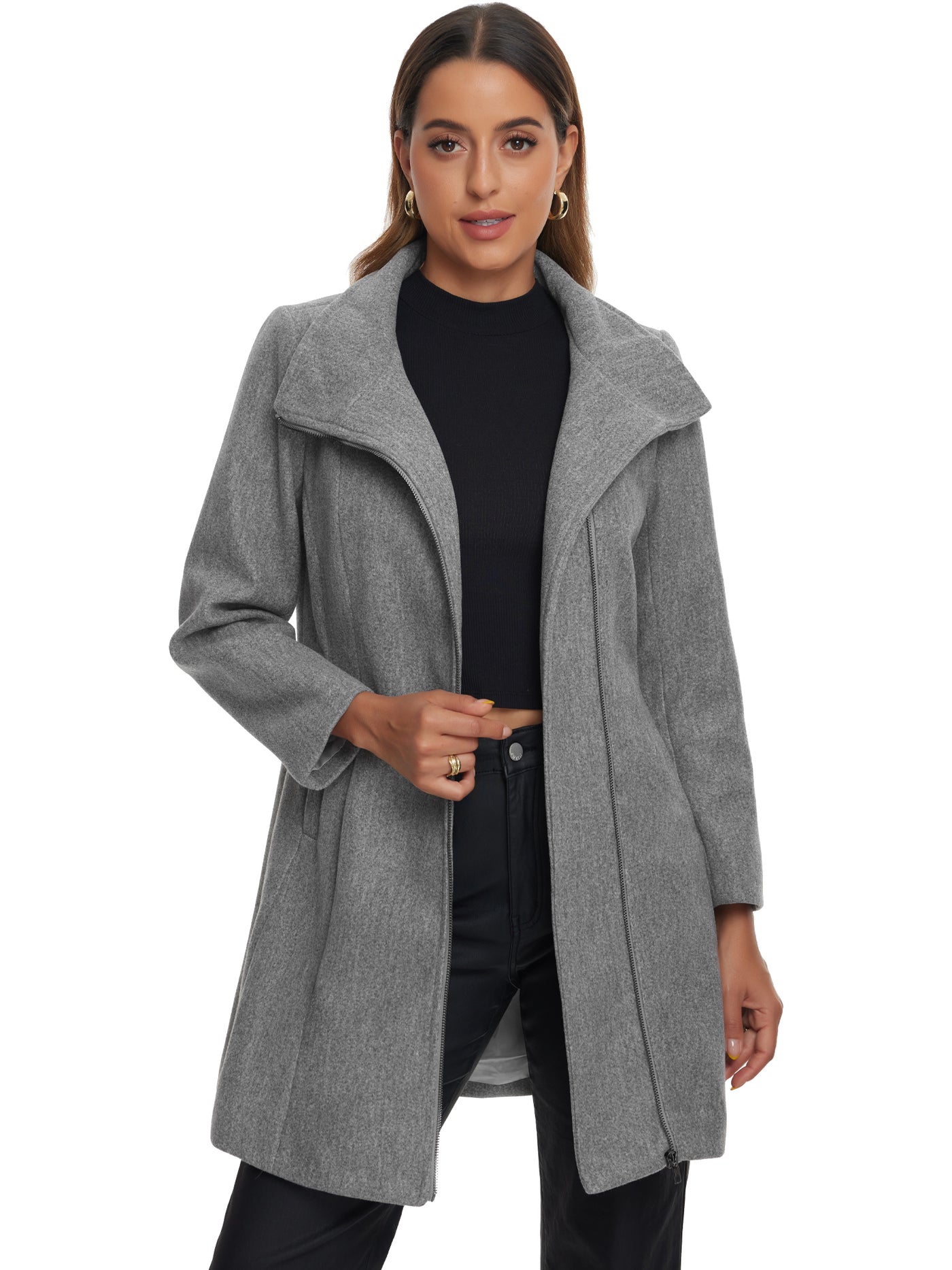 Allegra K Pockets Stand Collar Mid-Length Zip Up Winter Pea Coat