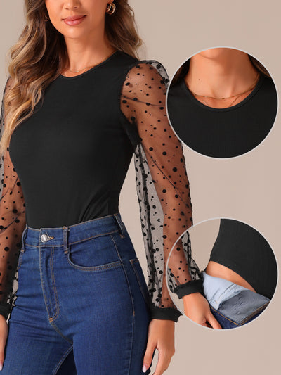 Long Mesh Sheer Polka Dots Sleeves Knit Bodysuit