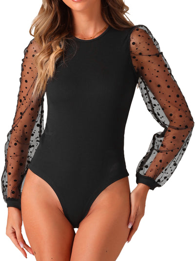 Long Mesh Sheer Polka Dots Sleeves Knit Bodysuit