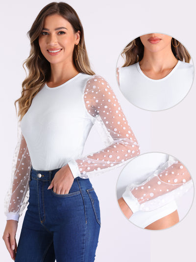 Long Mesh Sheer Polka Dots Sleeves Knit Bodysuit