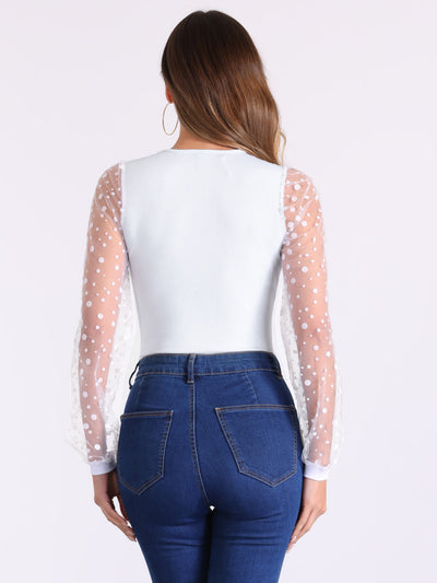 Long Mesh Sheer Polka Dots Sleeves Knit Bodysuit