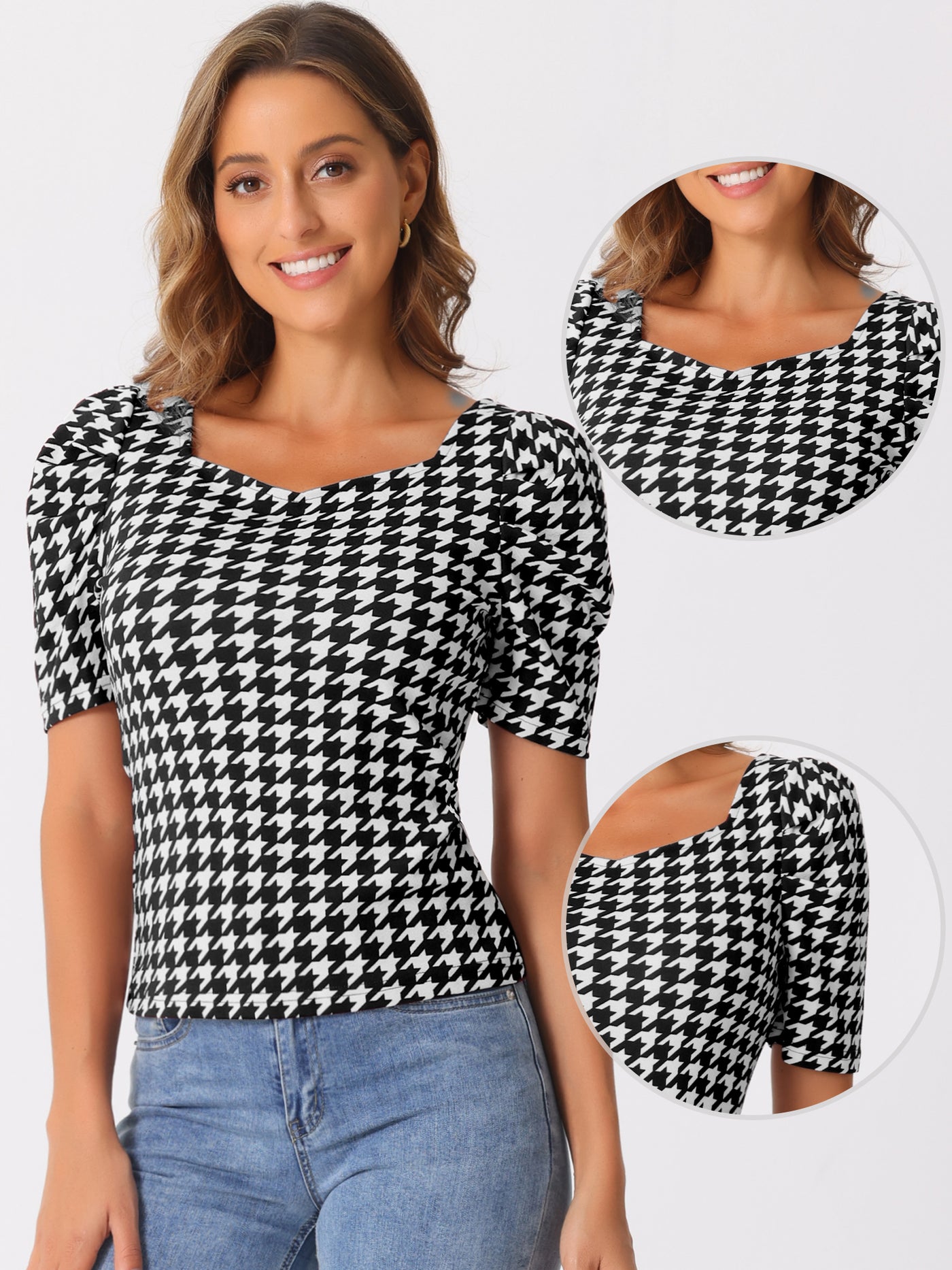 Allegra K Houndstooth Puff Short Sleeve Square Neck Blouse