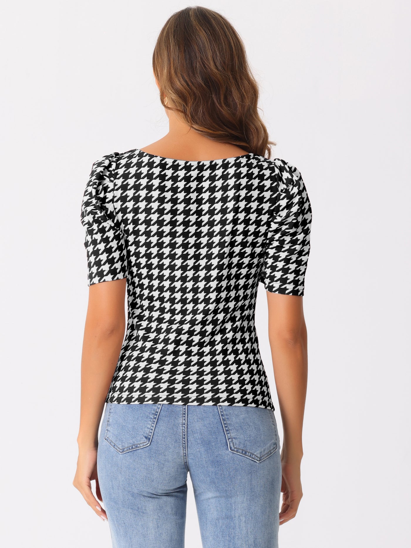 Allegra K Houndstooth Puff Short Sleeve Square Neck Blouse