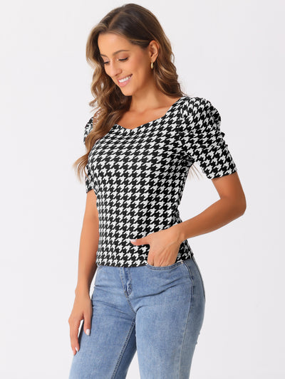 Houndstooth Puff Short Sleeve Square Neck Blouse