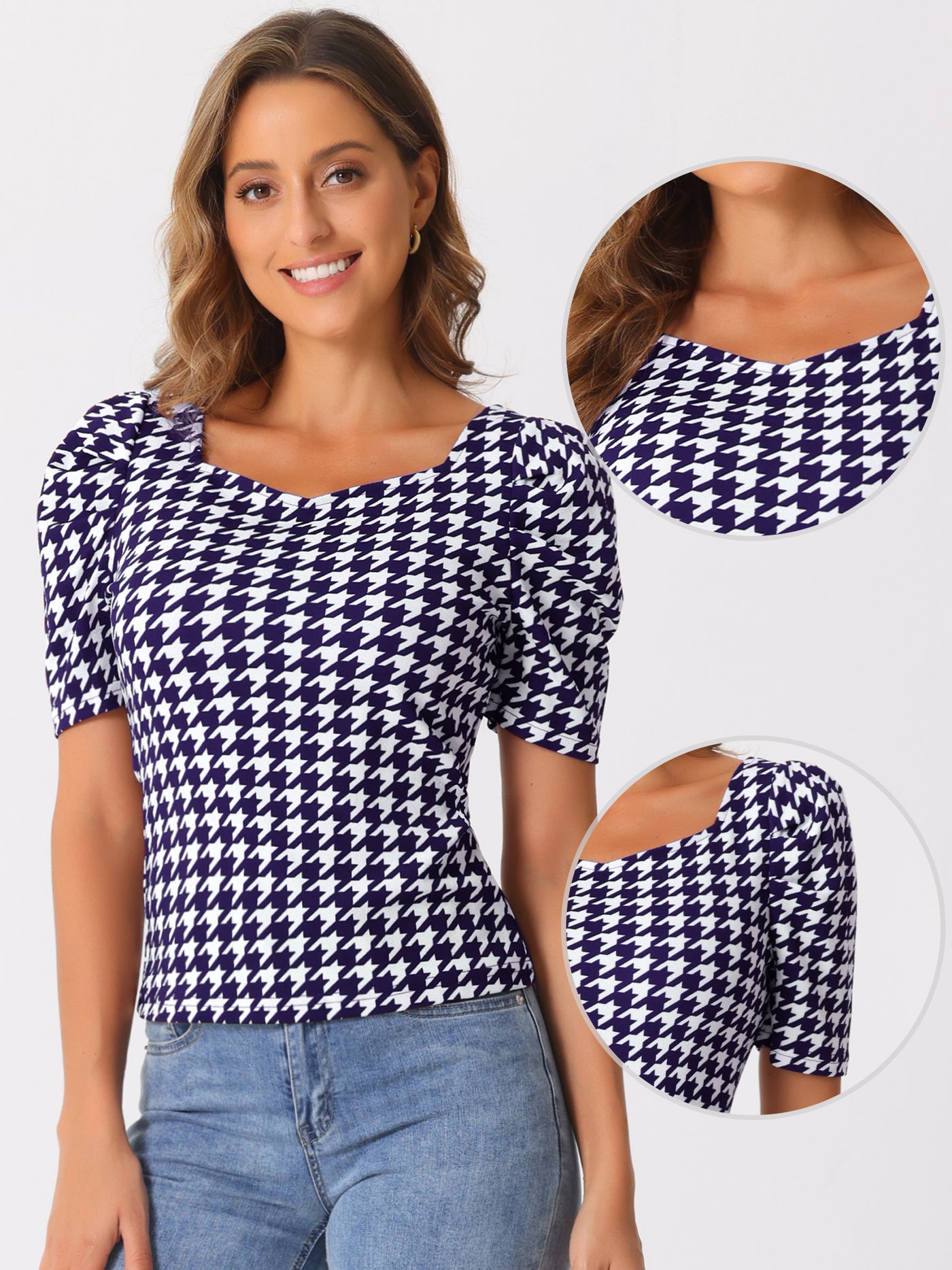 Allegra K Houndstooth Puff Short Sleeve Square Neck Blouse