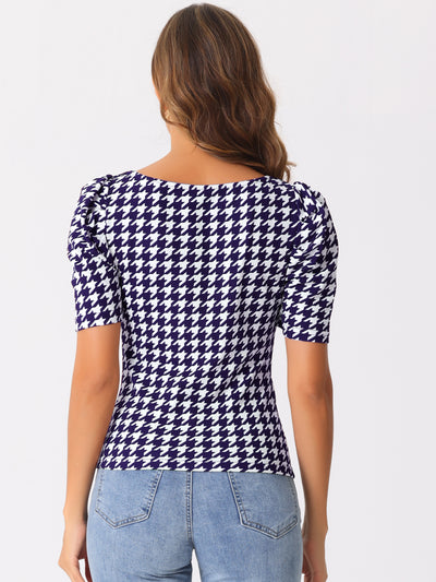 Houndstooth Puff Short Sleeve Square Neck Blouse