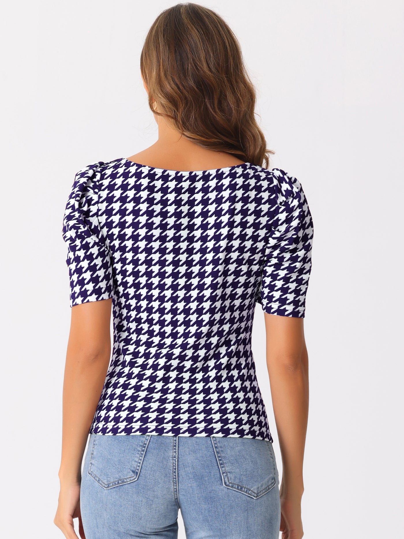 Allegra K Houndstooth Puff Short Sleeve Square Neck Blouse