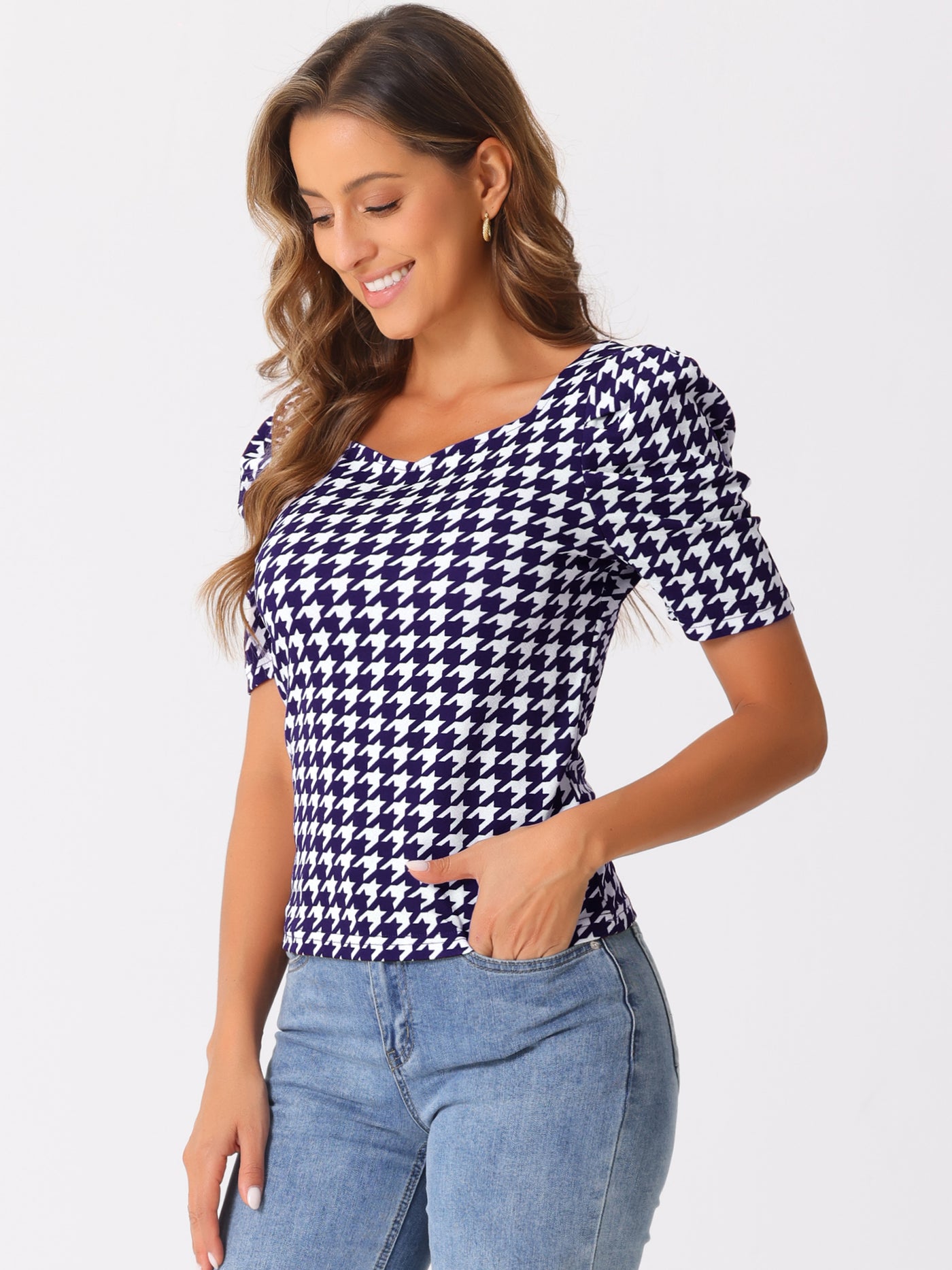 Allegra K Houndstooth Puff Short Sleeve Square Neck Blouse