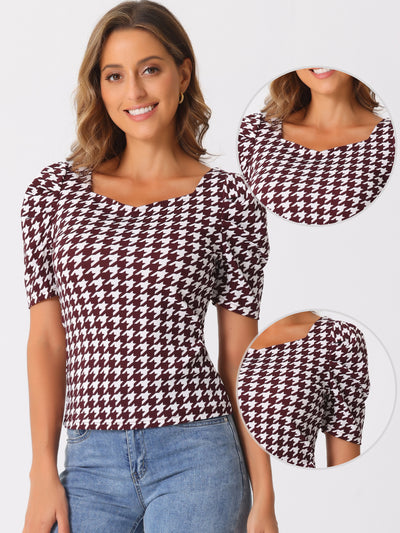 Houndstooth Puff Short Sleeve Square Neck Blouse