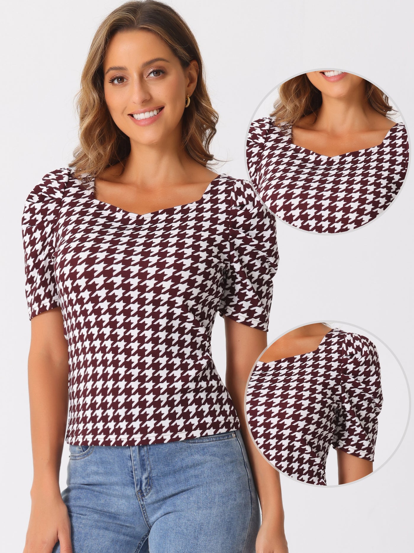 Allegra K Houndstooth Puff Short Sleeve Square Neck Blouse