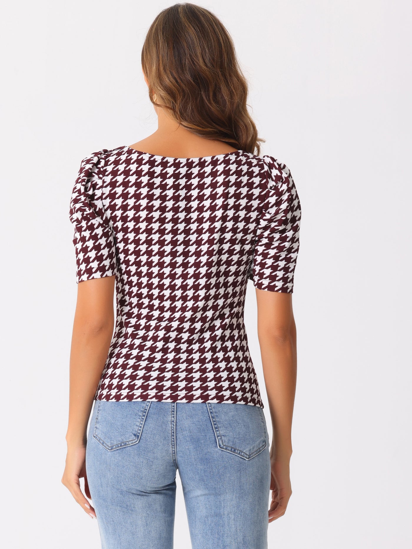 Allegra K Houndstooth Puff Short Sleeve Square Neck Blouse