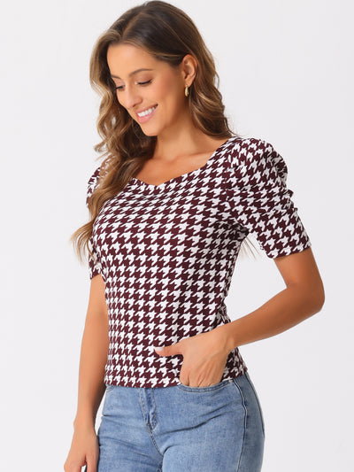 Houndstooth Puff Short Sleeve Square Neck Blouse