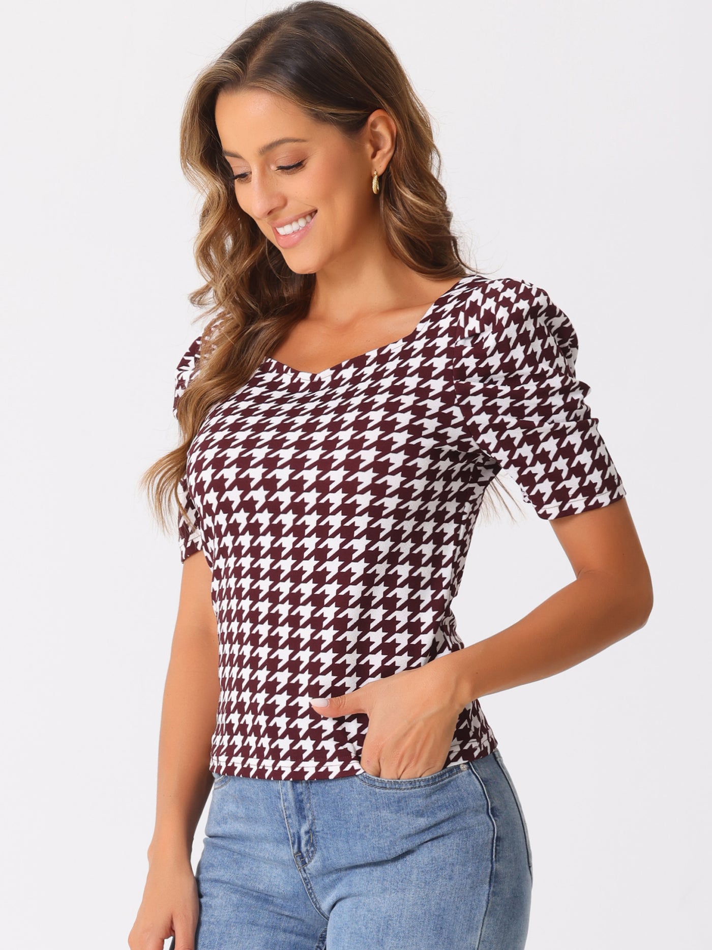 Allegra K Houndstooth Puff Short Sleeve Square Neck Blouse