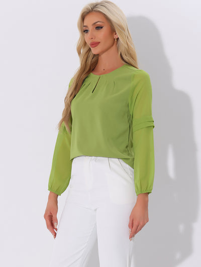 Chiffon Shirt Semi Sheer Keyhole Neck Elegant Work Blouse