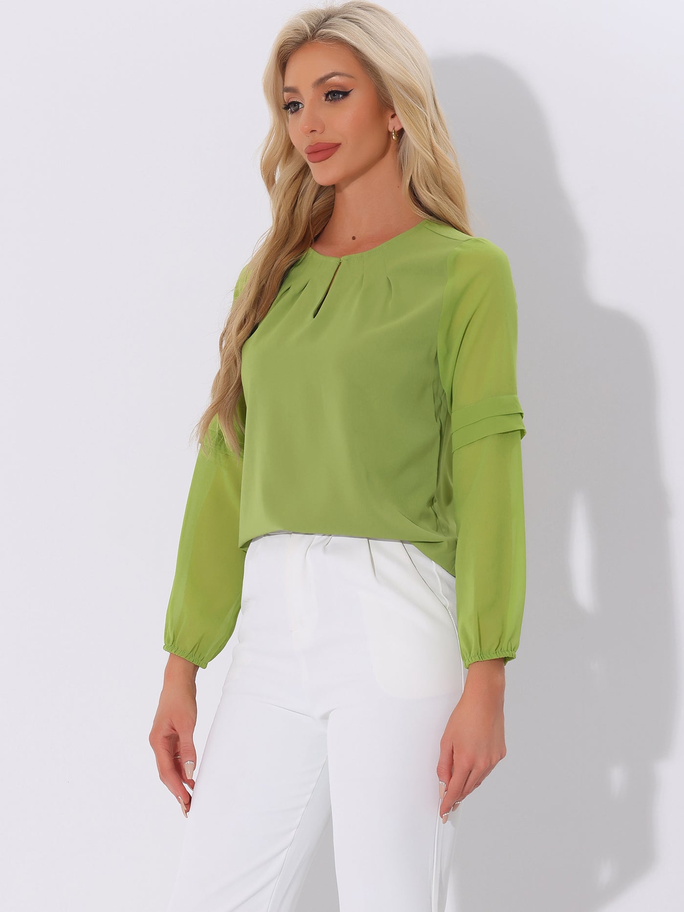 Allegra K Chiffon Shirt Semi Sheer Keyhole Neck Elegant Work Blouse