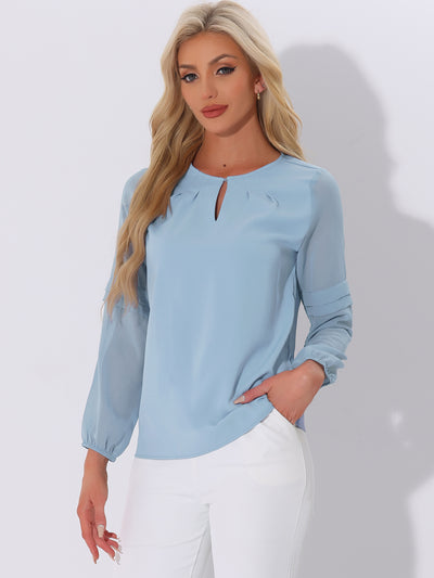 Chiffon Shirt Semi Sheer Keyhole Neck Elegant Work Blouse