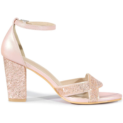 Women's Bling Glitter Ankle Strap High Chunky Heel Sandals