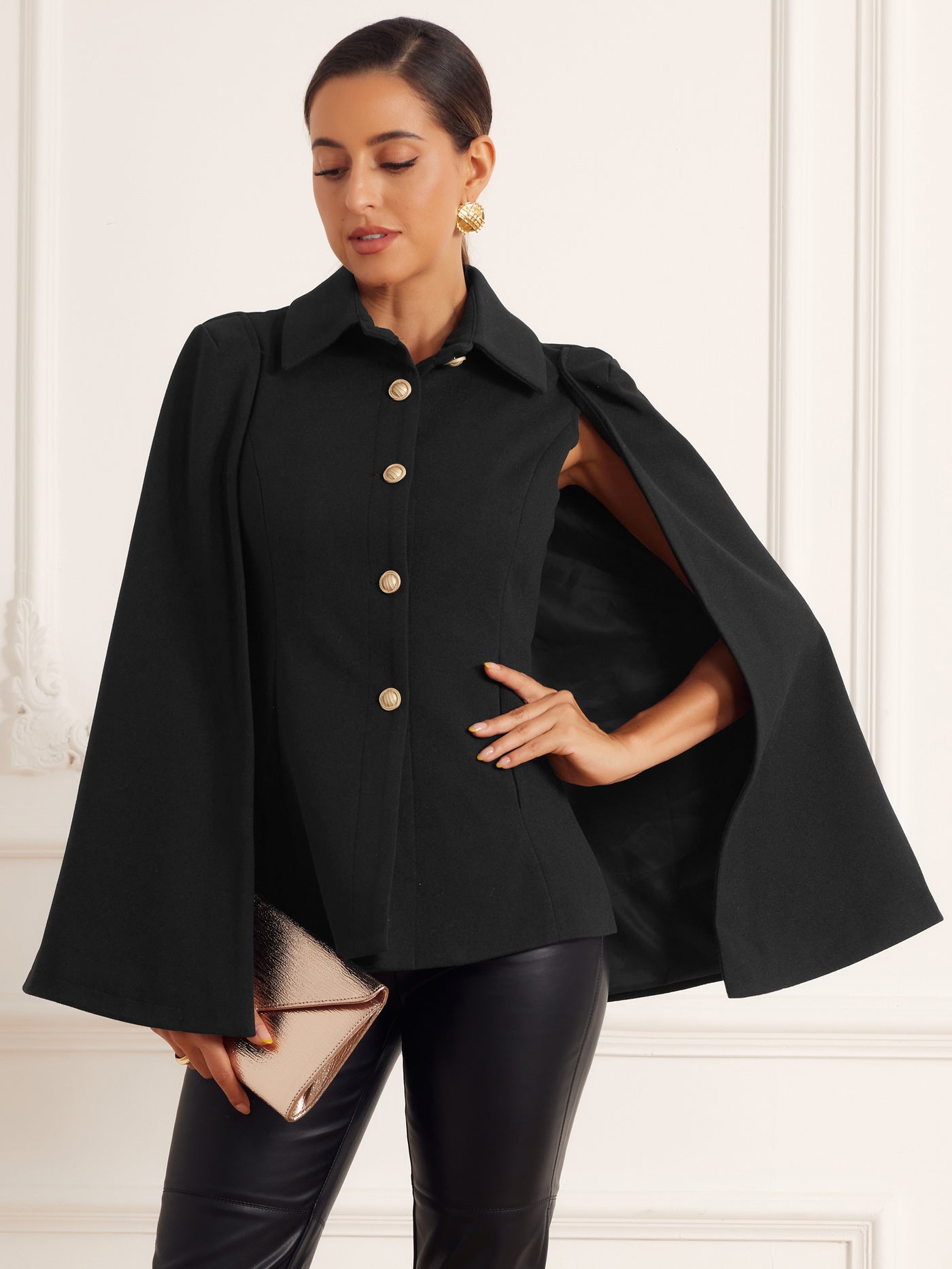 Allegra K Split Sleeve Button Front Cape Coat Shawl Jackets