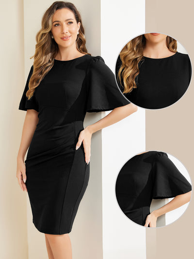 Elegant Sheath Dress Round Neck Ruched Short Flared Sleeve Pencil Dress