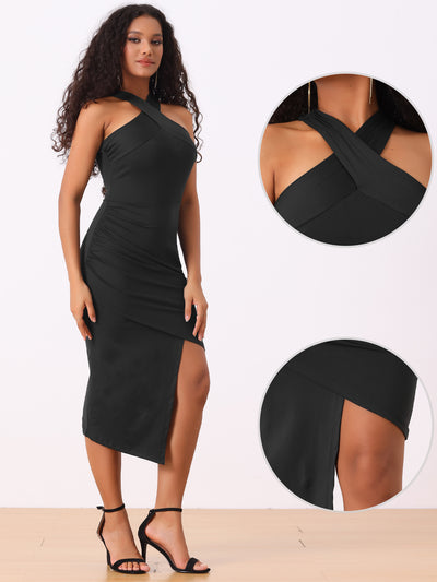 Halter Neck Sleeveless Ruched Asymmetrical Bodycon Dress