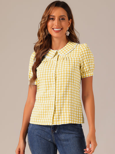 Peter Pan Collar Gingham Plaid Puff Sleeve Button Down Shirt