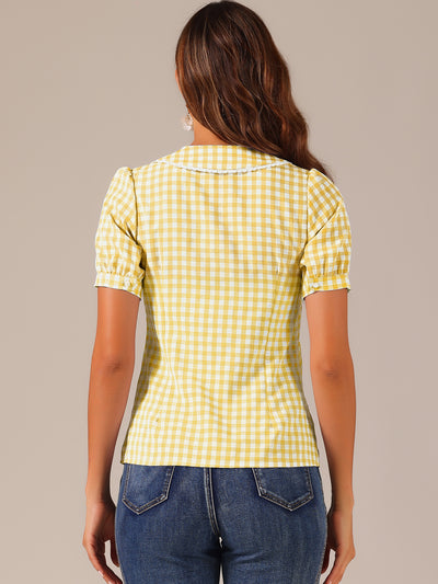 Peter Pan Collar Gingham Plaid Puff Sleeve Button Down Shirt