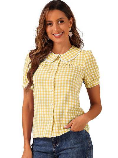 Peter Pan Collar Gingham Plaid Puff Sleeve Button Down Shirt