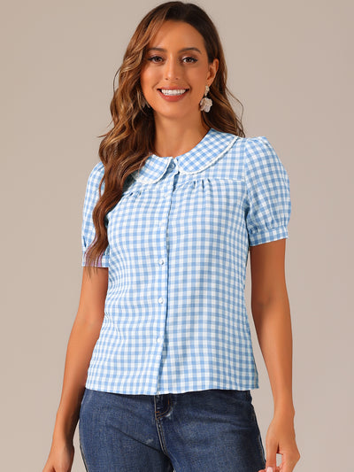 Peter Pan Collar Gingham Plaid Puff Sleeve Button Down Shirt