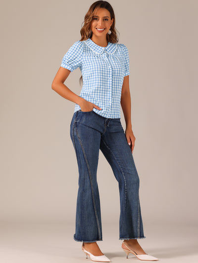 Peter Pan Collar Gingham Plaid Puff Sleeve Button Down Shirt