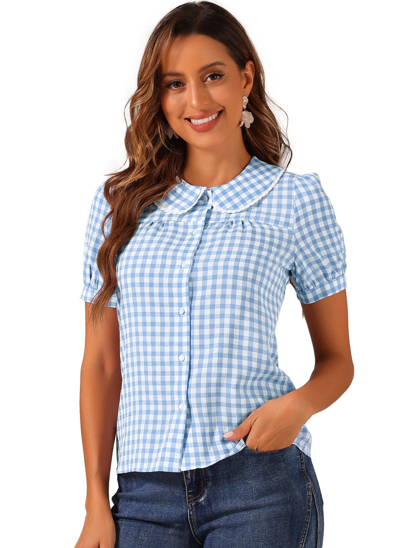 Allegra K Peter Pan Collar Gingham Plaid Puff Sleeve Button Down Shirt