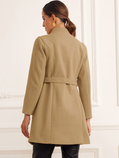 Elegant Stand Collar Long Sleeve Button Belted Winter Classic Pea Coat