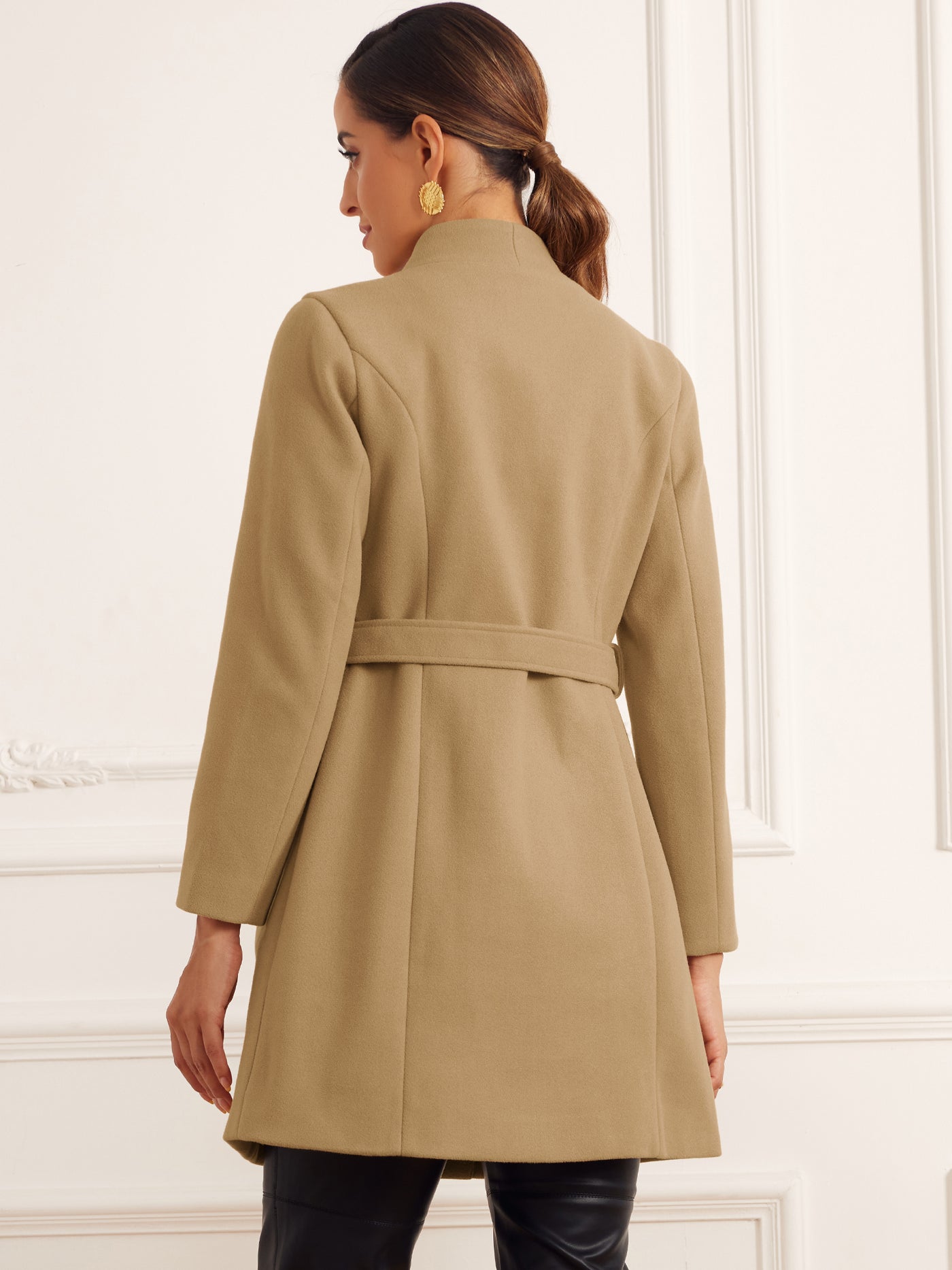 Allegra K Elegant Stand Collar Long Sleeve Button Belted Winter Classic Pea Coat