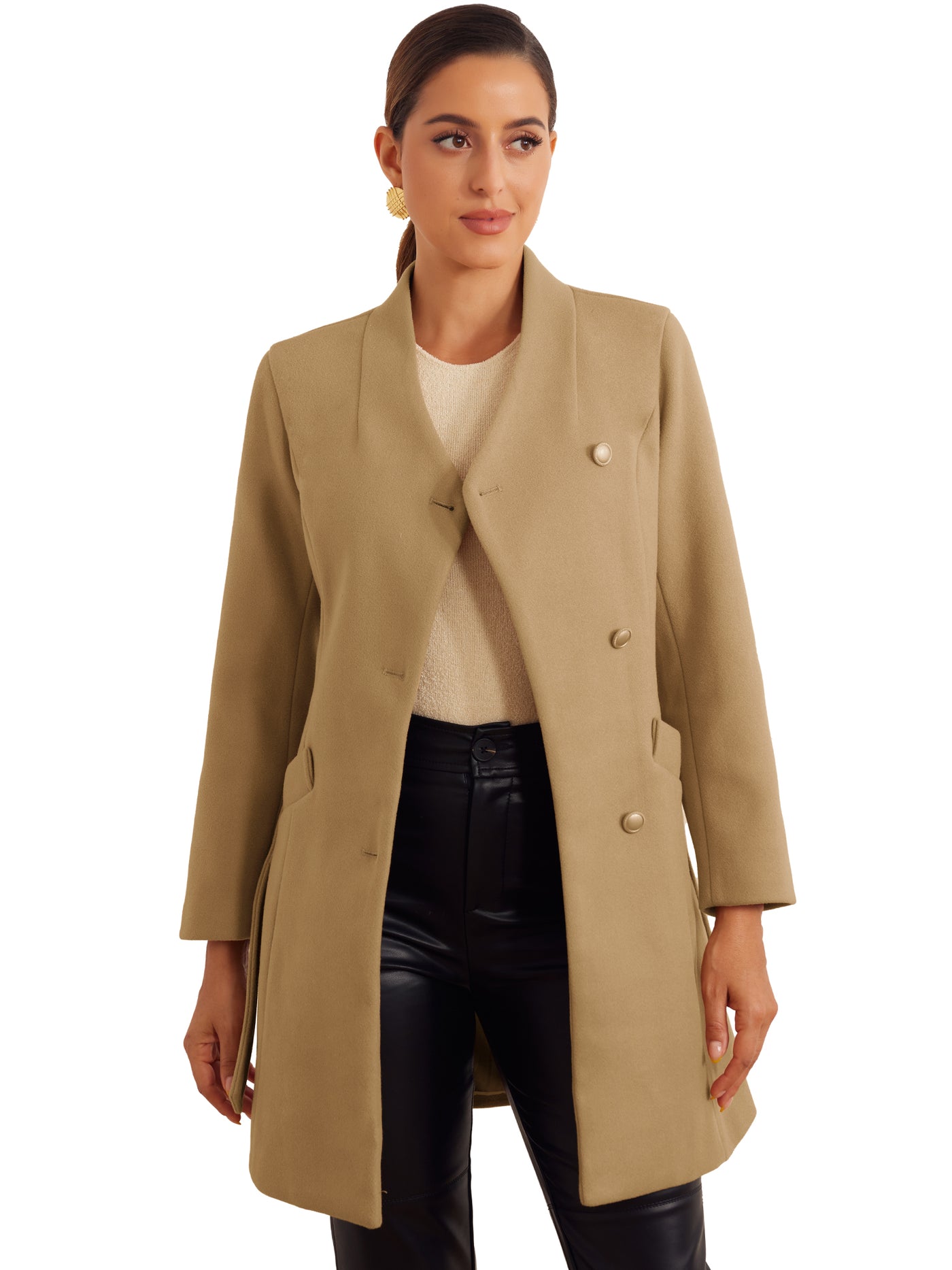 Allegra K Elegant Stand Collar Long Sleeve Button Belted Winter Classic Pea Coat