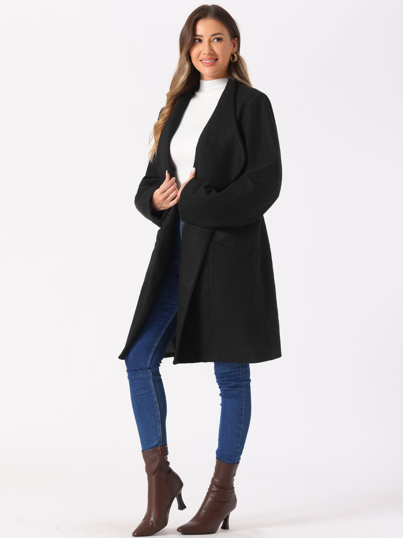 Allegra K Elegant Stand Collar Long Sleeve Button Belted Winter Classic Pea Coat