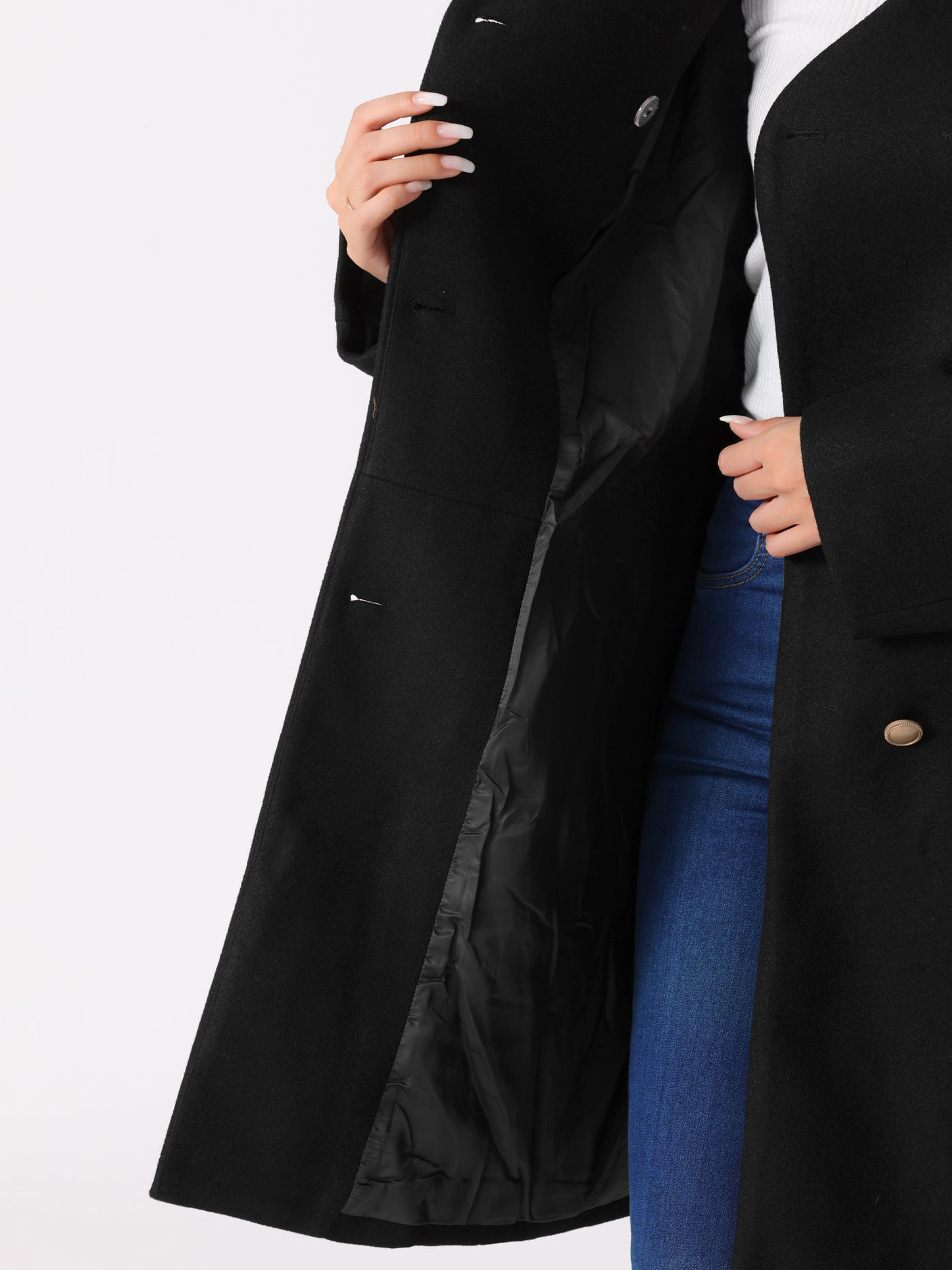 Allegra K Elegant Stand Collar Long Sleeve Button Belted Winter Classic Pea Coat