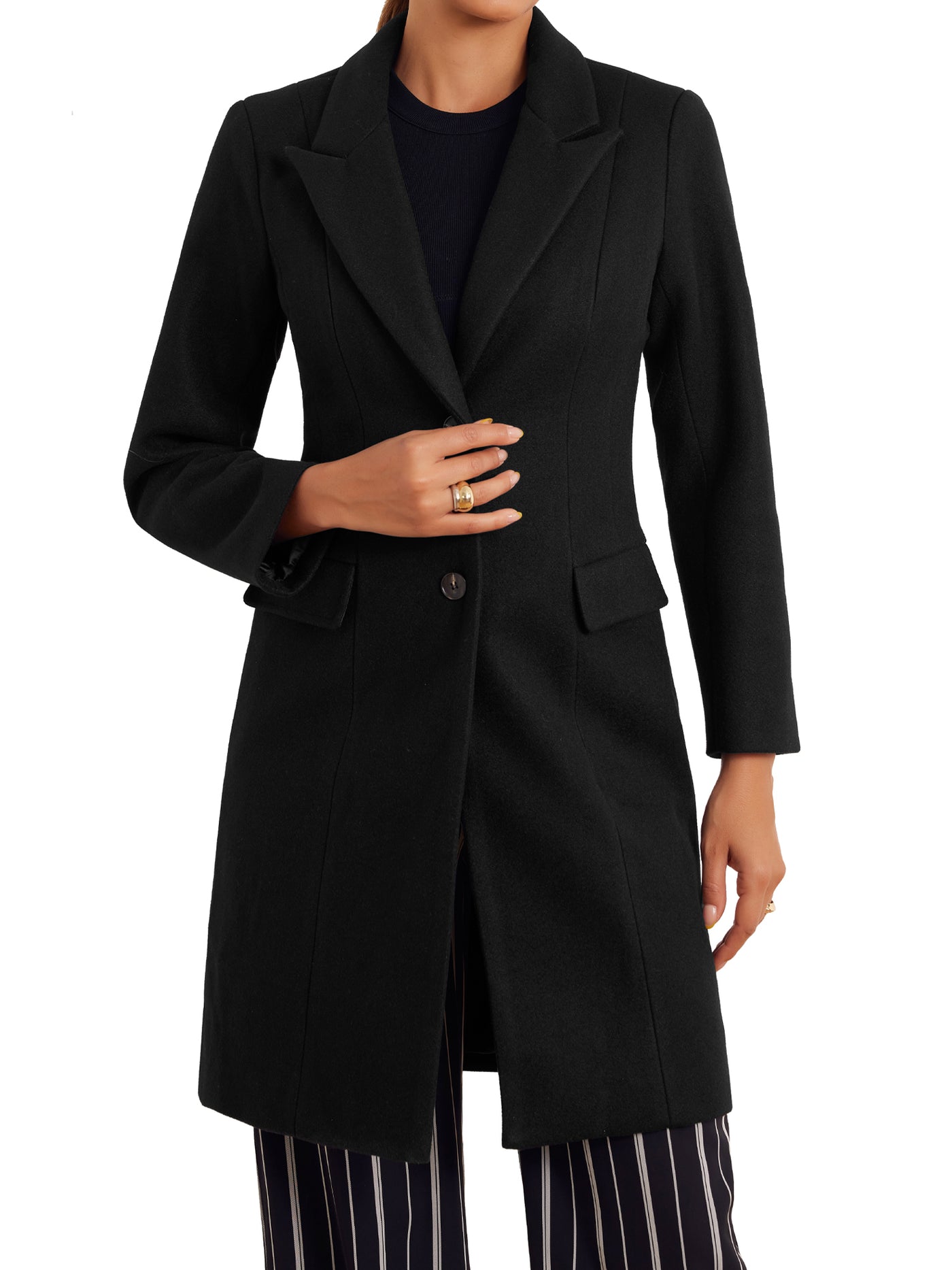 Allegra K Notched Lapel Pockets Buttons Elegant Long Sleeve Winter Pea Coats