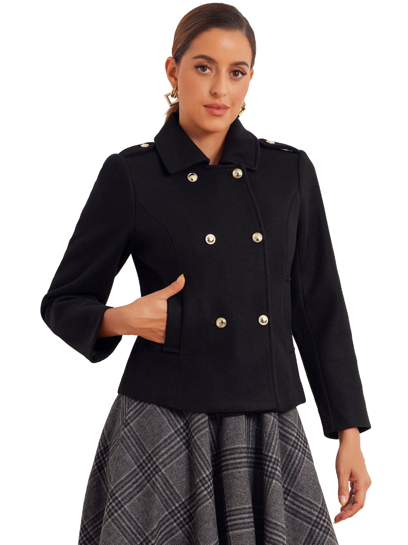 Allegra K Lapel Pockets Double-breasted Long Sleeve Casual Pea Coat